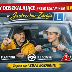 Instruktor pokazuje drogę kursantce podczas jazdy samochodem w Jastrzębiu-Zdroju. Przygotuj się do egzaminu!