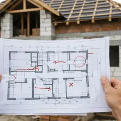 Rysunek techniczny domu z zaznaczonymi czerwonymi oznaczeniami, sugerującymi zmiany istotne prawo budowlane. Budowa w tle.