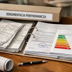 Teczka z dokumentacją powykonawczą: mapy, raporty i certyfikat energetyczny.