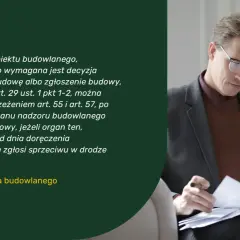 Mężczyzna w okularach analizuje dokumenty dotyczące pozwolenia na użytkowanie obiektu budowlanego zgodnie z prawem budowlanym.