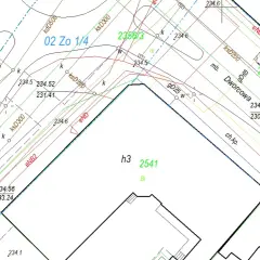 Plan geodezyjny z zaznaczonym podziałem gruntów budowlanych, liniami granicznymi i oznaczeniami działek, np. 2541.