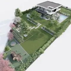 Nowoczesny dom z basenem i placem zabaw, otoczony bujną zielenią. Projekt ogrodu uwzględnia prawo budowlane i tworzy idealne tereny zielone.