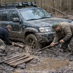 Dwóch mężczyzn próbuje wydostać zakopany w błocie samochód terenowy. Jeden kopie łopatą, drugi podkłada drewno. Oto jak wyjechać z błota.