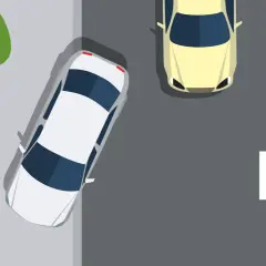Pieszy idzie obok białego samochodu zaparkowanego na chodniku. Obok żółty samochód i zielony znaczek potwierdzenia. Parkowanie na chodniku ile miejsca.