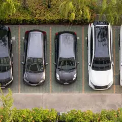 Sześć samochodów na parkingu. Odległość miejsca postojowego od okien domu jednorodzinnego jest niewielka, co widać po bliskości zieleni.