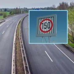 Autostrada w Czechach z tablicą informującą o ograniczeniach prędkości do 150 km/h.