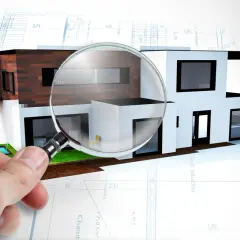 Szczegółowy przegląd 5 letni budynku z planami architektonicznymi i lupą.