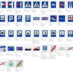 Znaki informacyjne z opisem: droga z pierwszeństwem, parking, stacja paliwowa, punkt informacji turystycznej, strefa ruchu, koniec strefy ruchu.