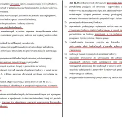 Fragment tekstu prawnego dotyczący obowiązków inwestora i kierownika budowy, w tym zagubiony dziennik budowy.