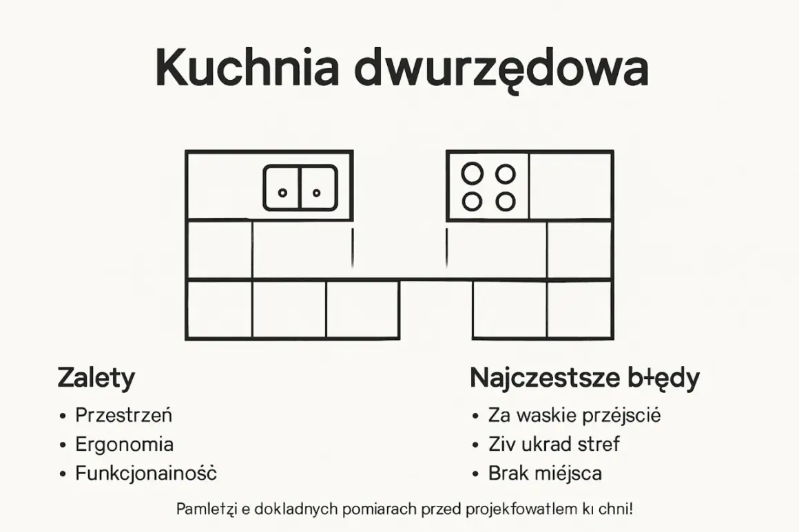 Jak zaprojektuj i wybuduj kuchnię dwurzędową? Schemat pokazuje układ, zalety i błędy.