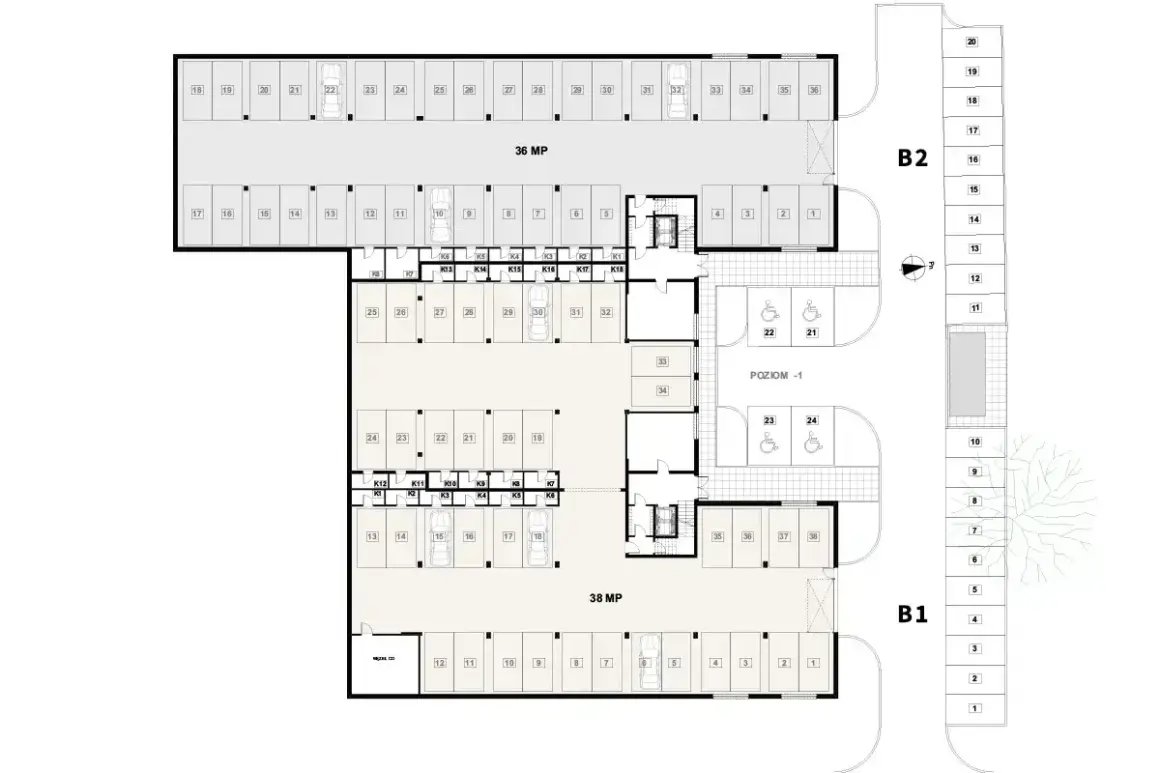 Plan parkingu z numerowanymi miejscami, w tym dla niepełnosprawnych. Nowe wymiary miejsc parkingowych zapewniają komfort.