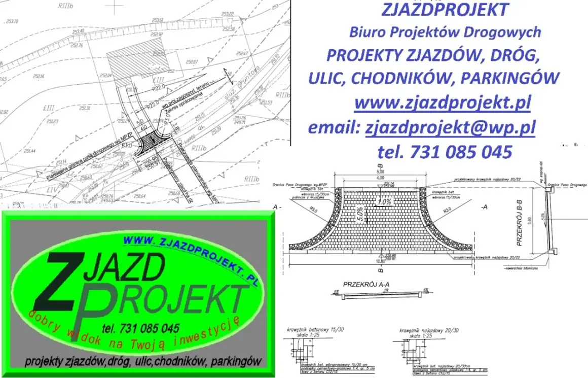 Projekt zjazdu z drogi powiatowej z widokiem na inwestycję. Firma Zjazdprojekt oferuje projekty zjazdów, dróg, ulic, chodników i parkingów.