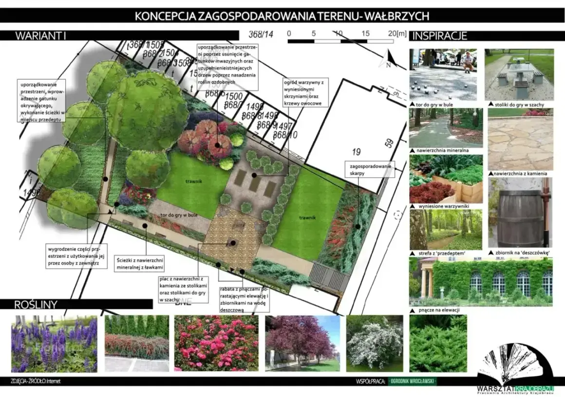 Koncepcja zagospodarowania terenu: projekt ogrodu z trawnikami, placem do gry w bule, warzywnikiem i inspiracjami.