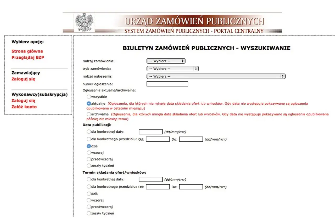 Formularz wyszukiwania w Biuletynie Zamówień Publicznych. Ułatwia znalezienie informacji, jak prawo zamówień publicznych w pigułce.