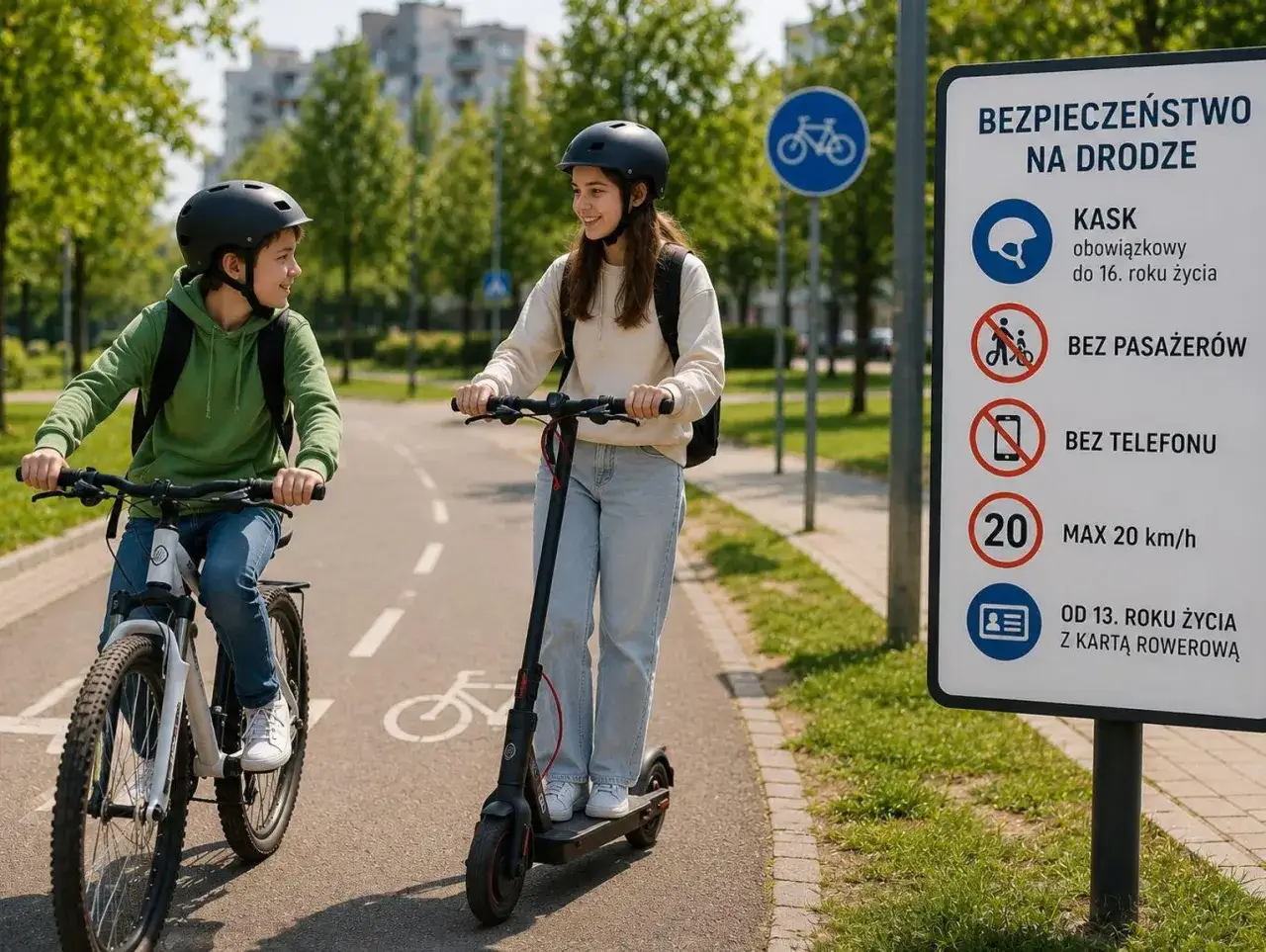 Dzieci na ścieżce rowerowej. Dziewczynka na hulajnodze elektrycznej, chłopiec na rowerze. Znak informuje o maksymalnej prędkości hulajnogi elektrycznej: 20 km/h.