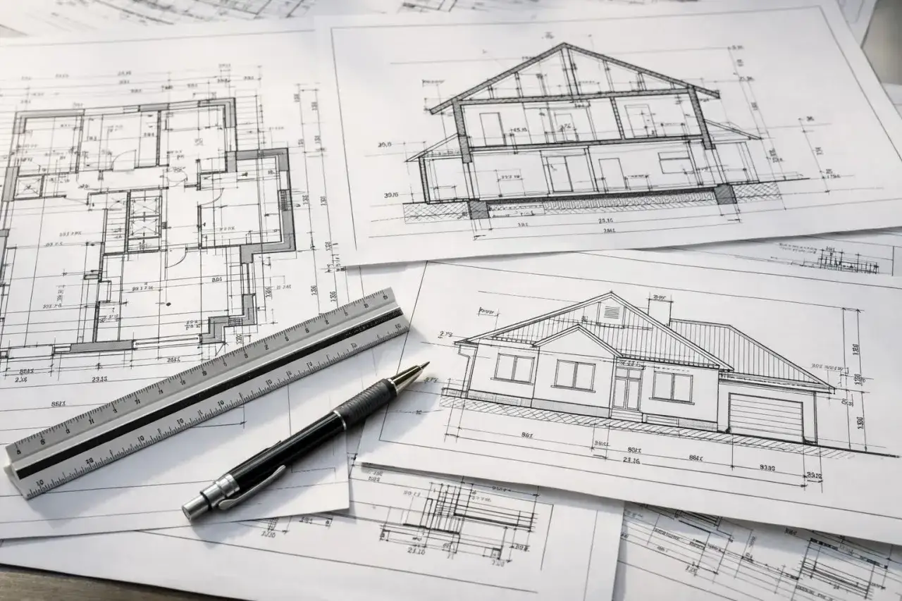 Plany architektoniczne domu, przekroje i rzuty. Przygotowanie do inwentaryzacji budowlanej zgodnie z przepisami. Linijka i długopis.