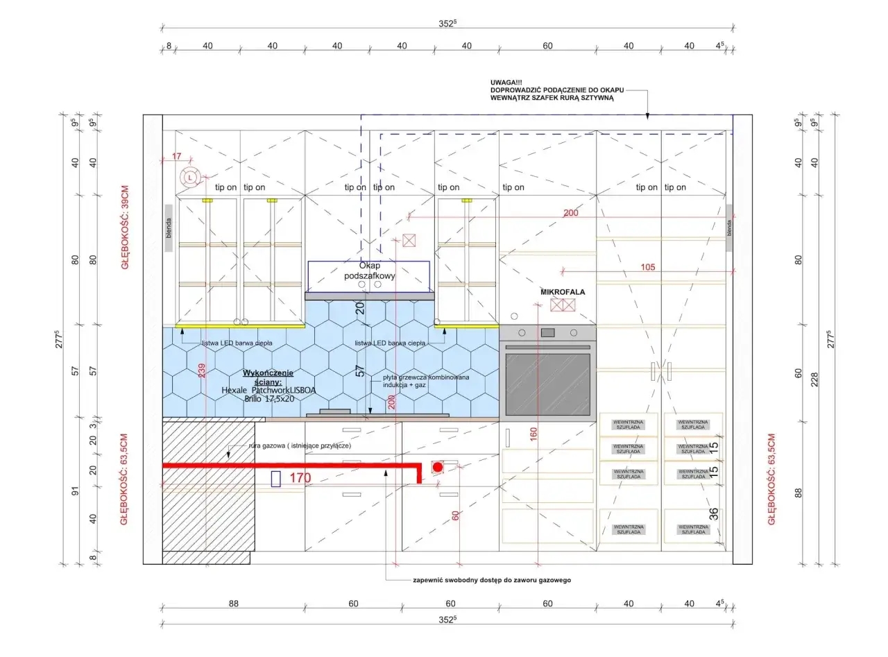 Projekt techniczny kuchni: rozmieszczenie szafek, okapu, płyty grzewczej, mikrofalówki, listwy LED, wymiary i wykończenie ścian.