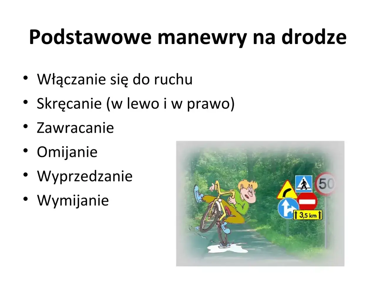 Chłopiec na rowerze pr&oacute;buje wykonać manewr wyprzedzania lub wymijania, mijając znaki drogowe.