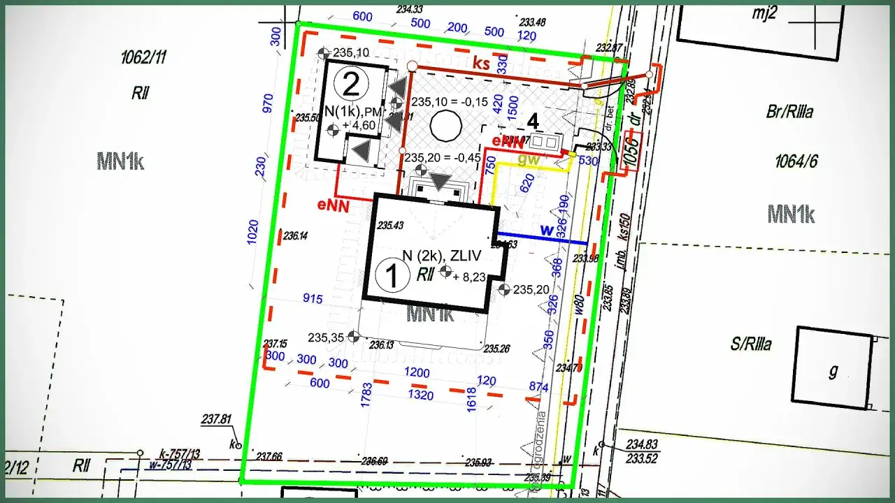 Projekt zagospodarowania terenu z zaznaczonymi budynkami (1, 2, 4) i infrastrukturą.