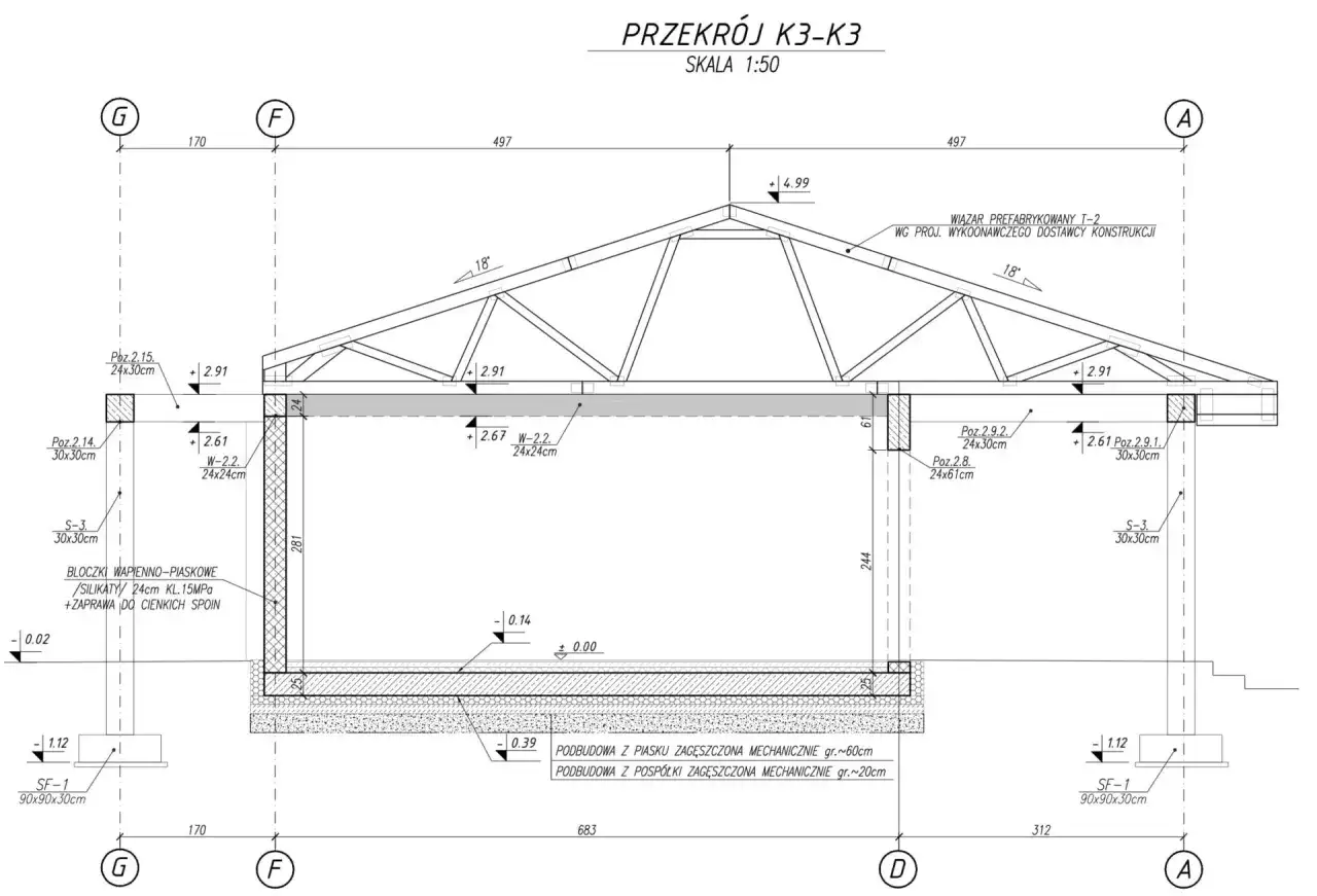 Przekrój K3-K3: projekt wykonawczy i techniczny dachu z wiązarem prefabrykowanym. Detale konstrukcyjne i wymiary.