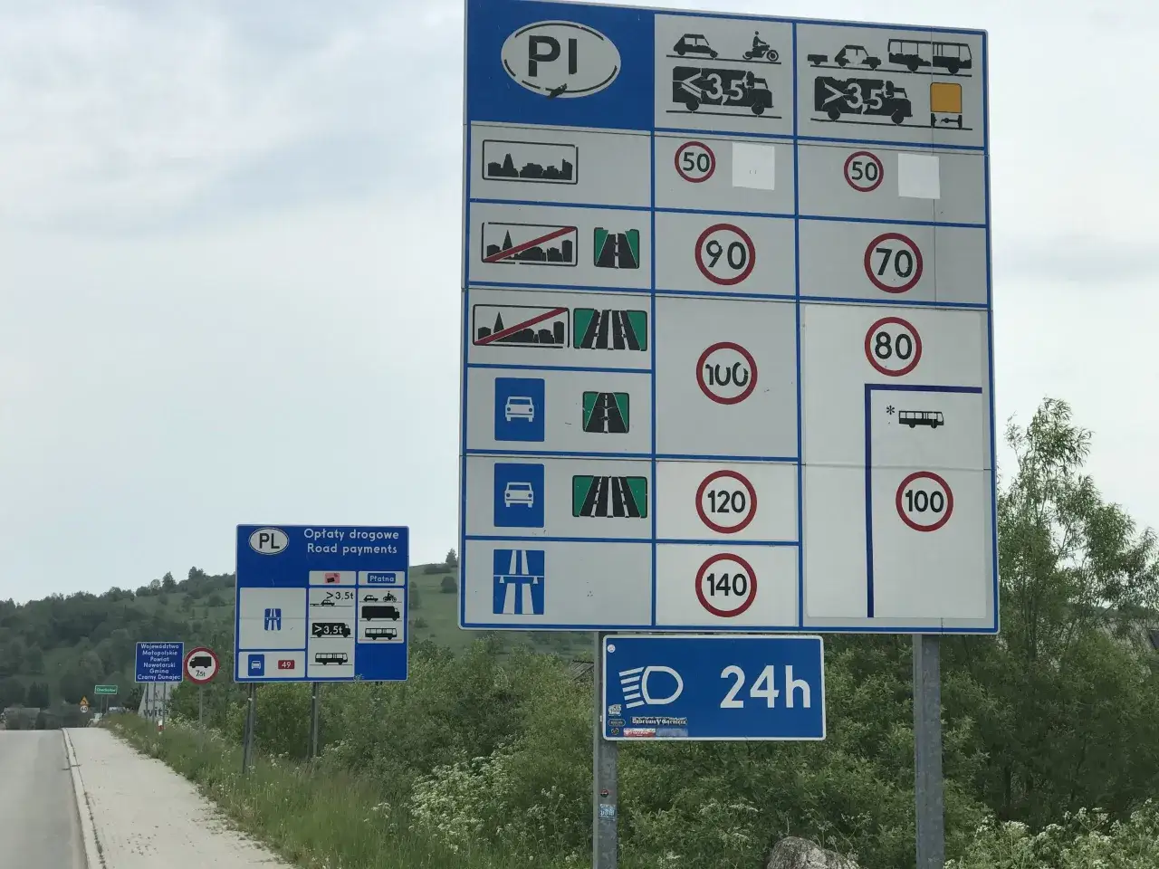 Znaki drogowe informują o opłatach i limitach prędkości na drodze ekspresowej. Maksymalna dozwolona prędkość dla samochodów osobowych to 140 km/h.