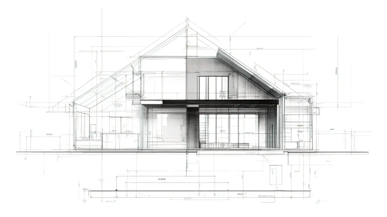 Szkic architektoniczny domu z widokiem przekroju, wymiarami i detalami. Planowany zjazd z drogi gminnej bez zgłoszenia.