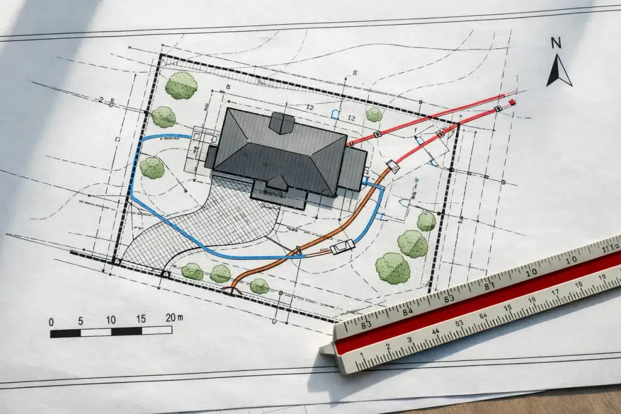 Plan zagospodarowania działki z domem, drzewami i zaznaczonymi przyłączami. Skąd wziąć projekt? Tutaj!
