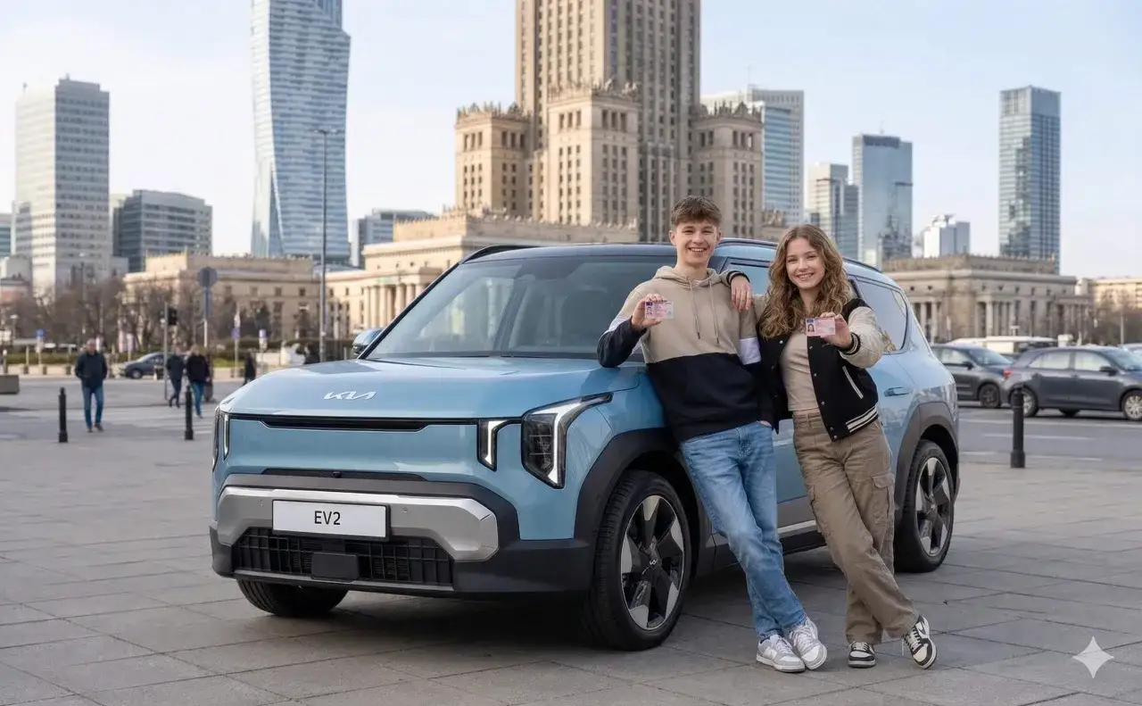 Młody kierowca i jego siostra cieszą się z prawa jazdy, stojąc obok nowego, niebieskiego samochodu elektrycznego Kia EV2 na tle warszawskich wieżowców.