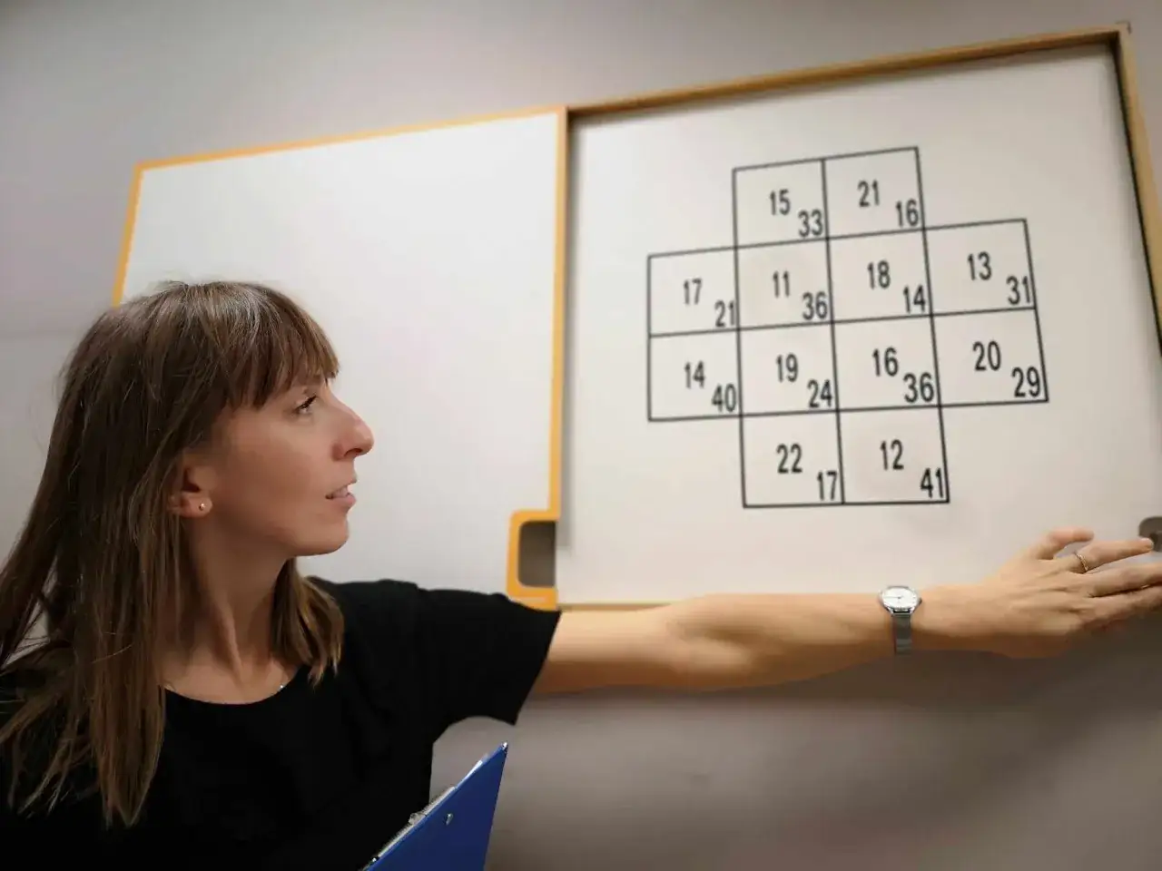 Kobieta wskazuje na tablicę z zadaniami, które mogą być częścią testów psychologicznych dla kierowców z odpowiedziami.