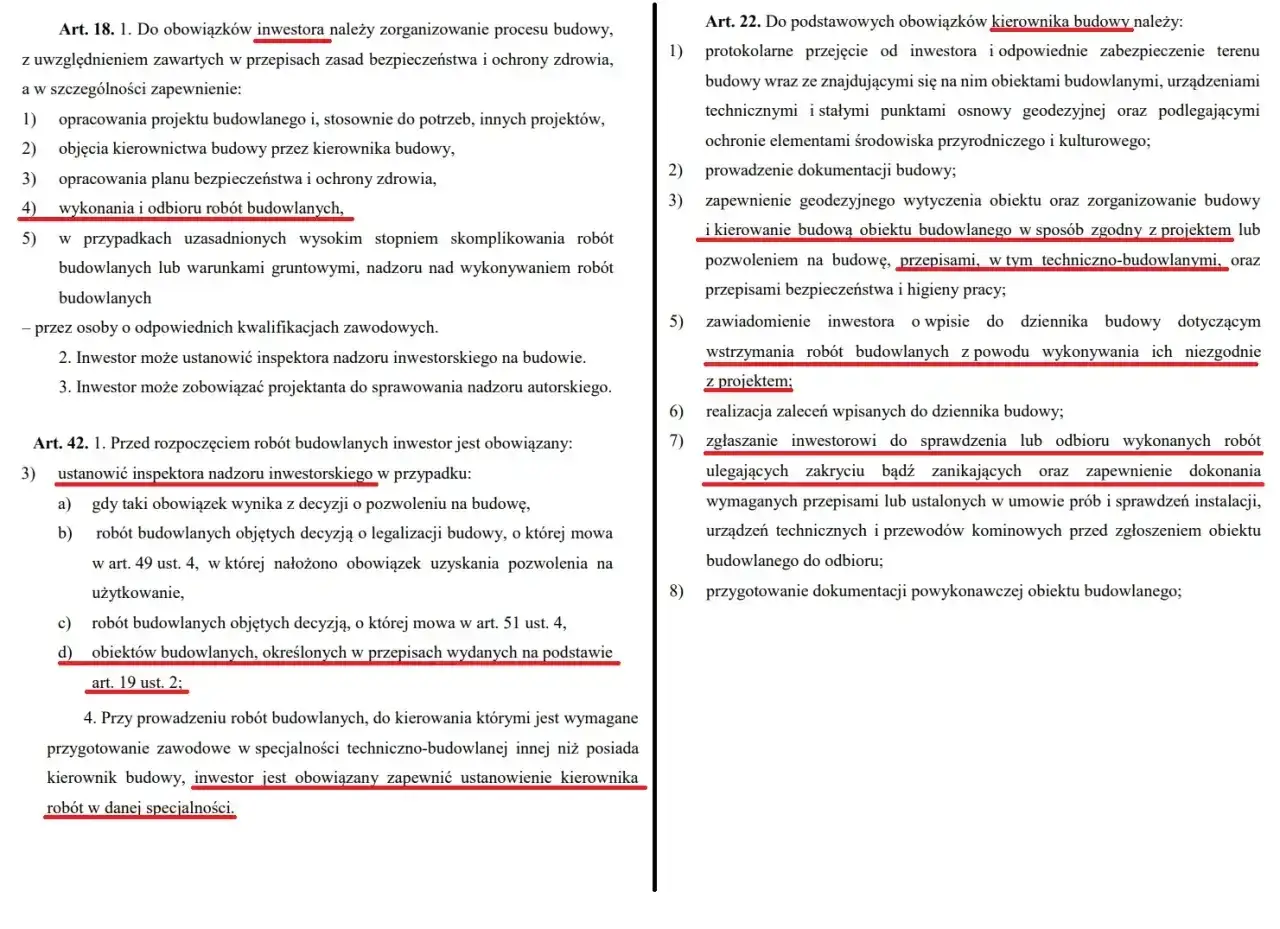 Tekst prawny dotyczący obowiązków inwestora i kierownika budowy, w tym nadzoru autorskiego.