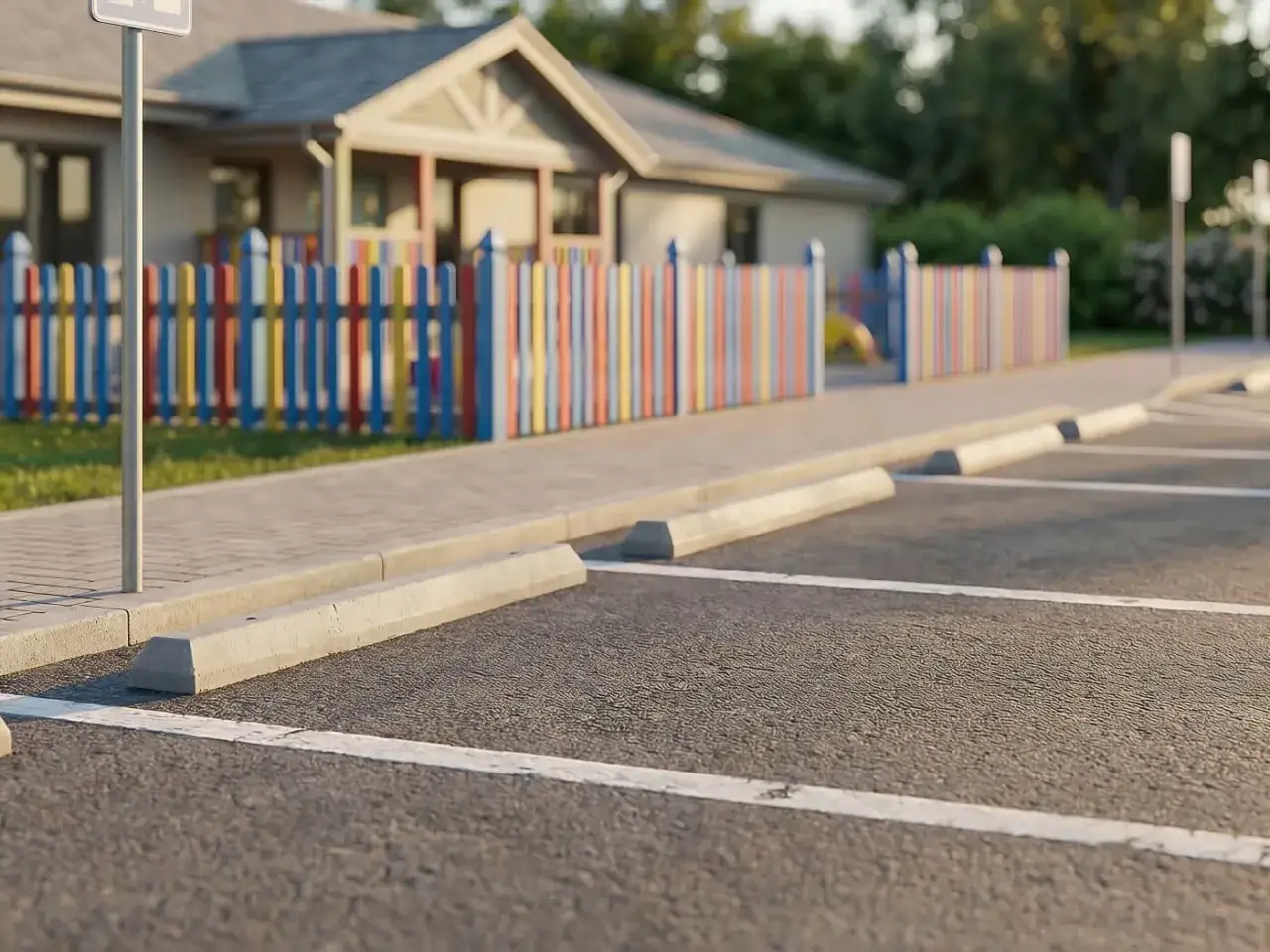 Puste miejsce postojowe a parkingowe przed kolorowym płotkiem przedszkola.