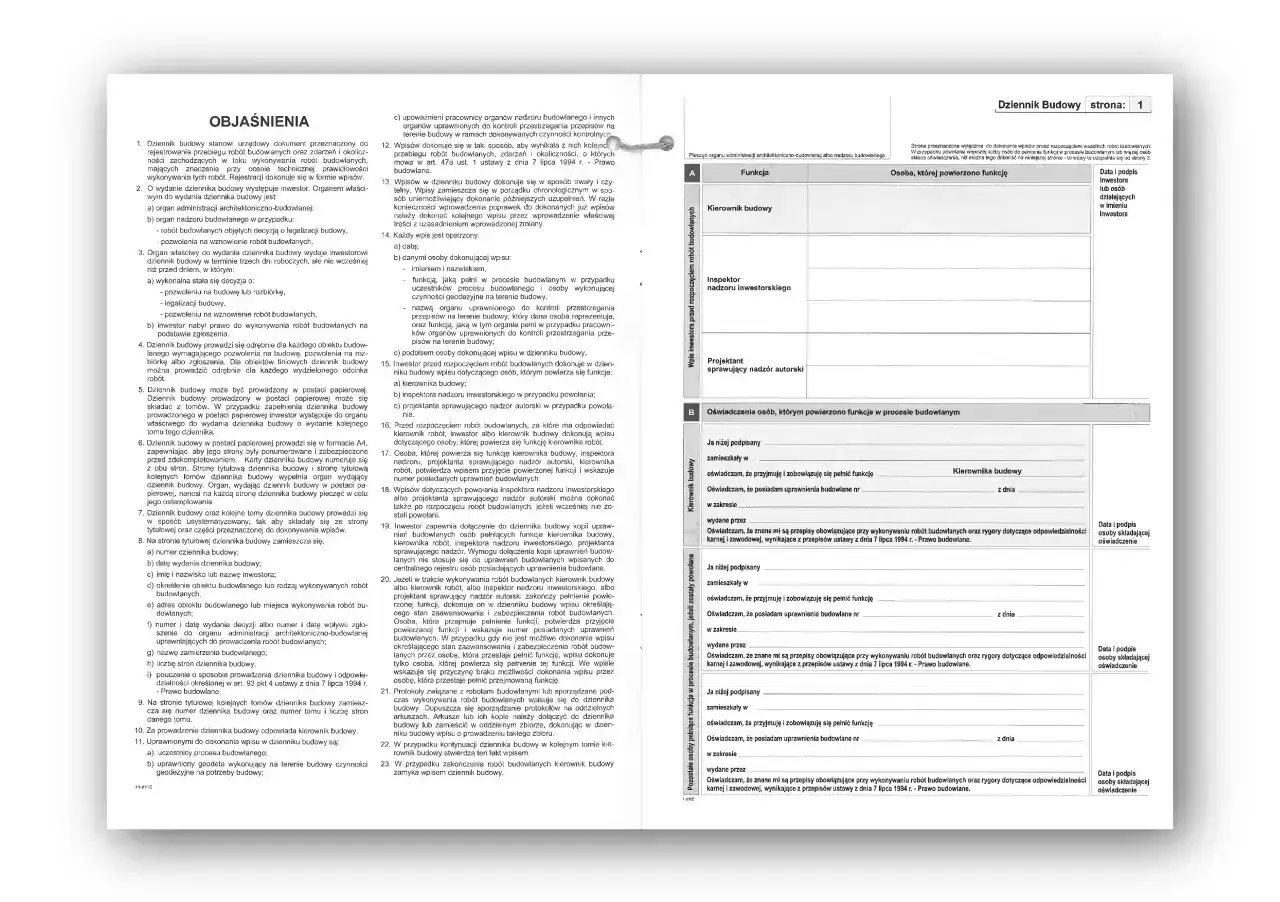 Duplikat dziennika budowy, dokumentujący przebieg robót budowlanych. Zawiera wpisy osób pełniących funkcje w procesie budowlanym.